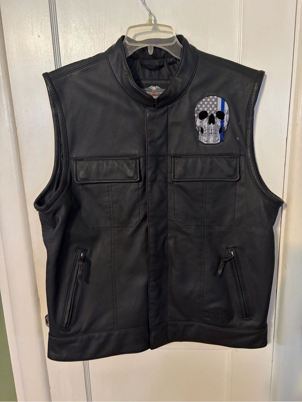 Harley-Davidson Black Leather Vest with Thin Blue Line Skull Patch